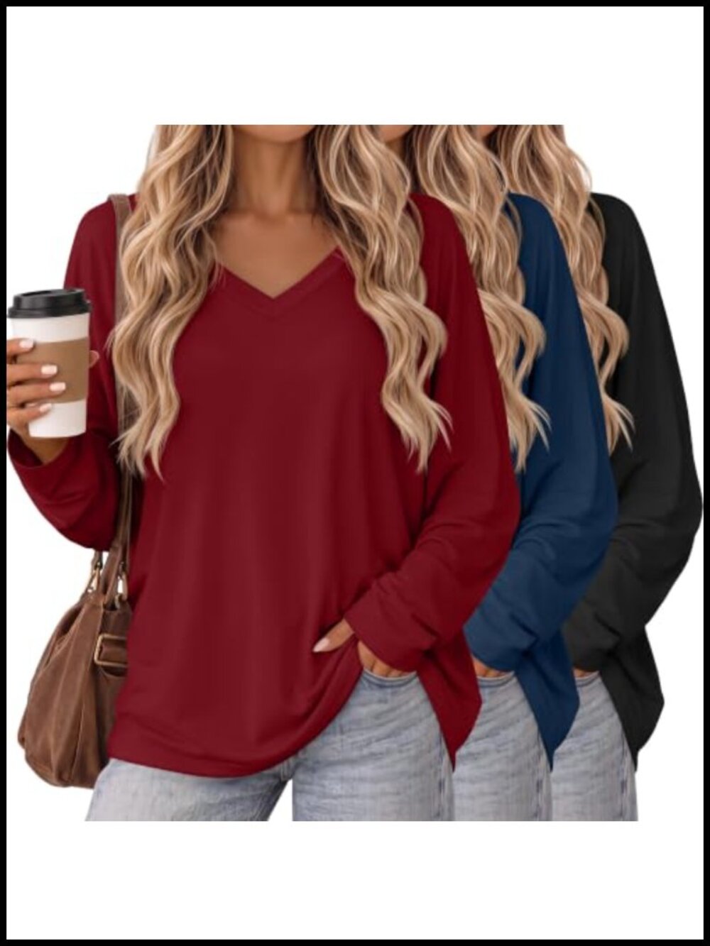 Oversized Long Sleeve V-Neck Tops 3 Pack Casual Loose Fit Shirts